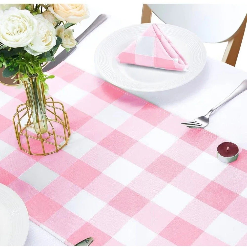 Pink and White Buffalo Checked Gingham Waterproof Table Runner 14x108 Set of 3